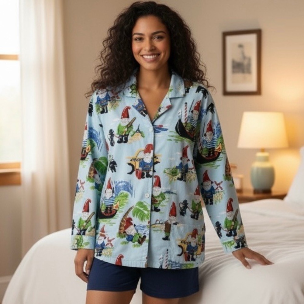 Vintage 90s Nick & Nora Traveling Gnome Pajama‎ Top Women XXL Blue Europe Beach